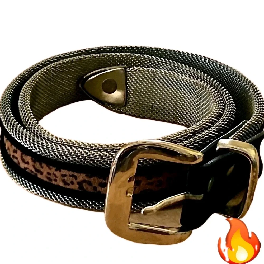 Vtg Y2k Express Metal Mesh  Leopard Print Belt Womens M
